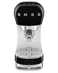Front view of Smeg espresso machine with black top and base on a white background