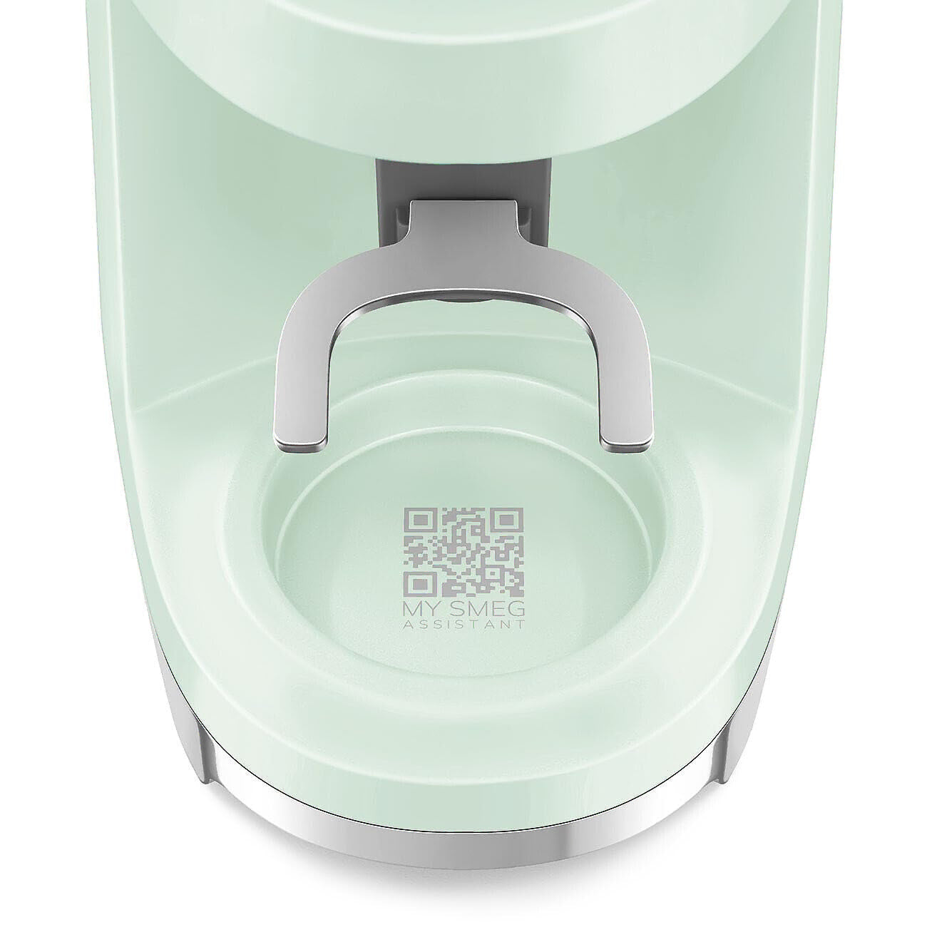 Light green coffee grinder with a handle and QR code on a white background
