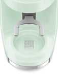 Light green coffee grinder with a handle and QR code on a white background