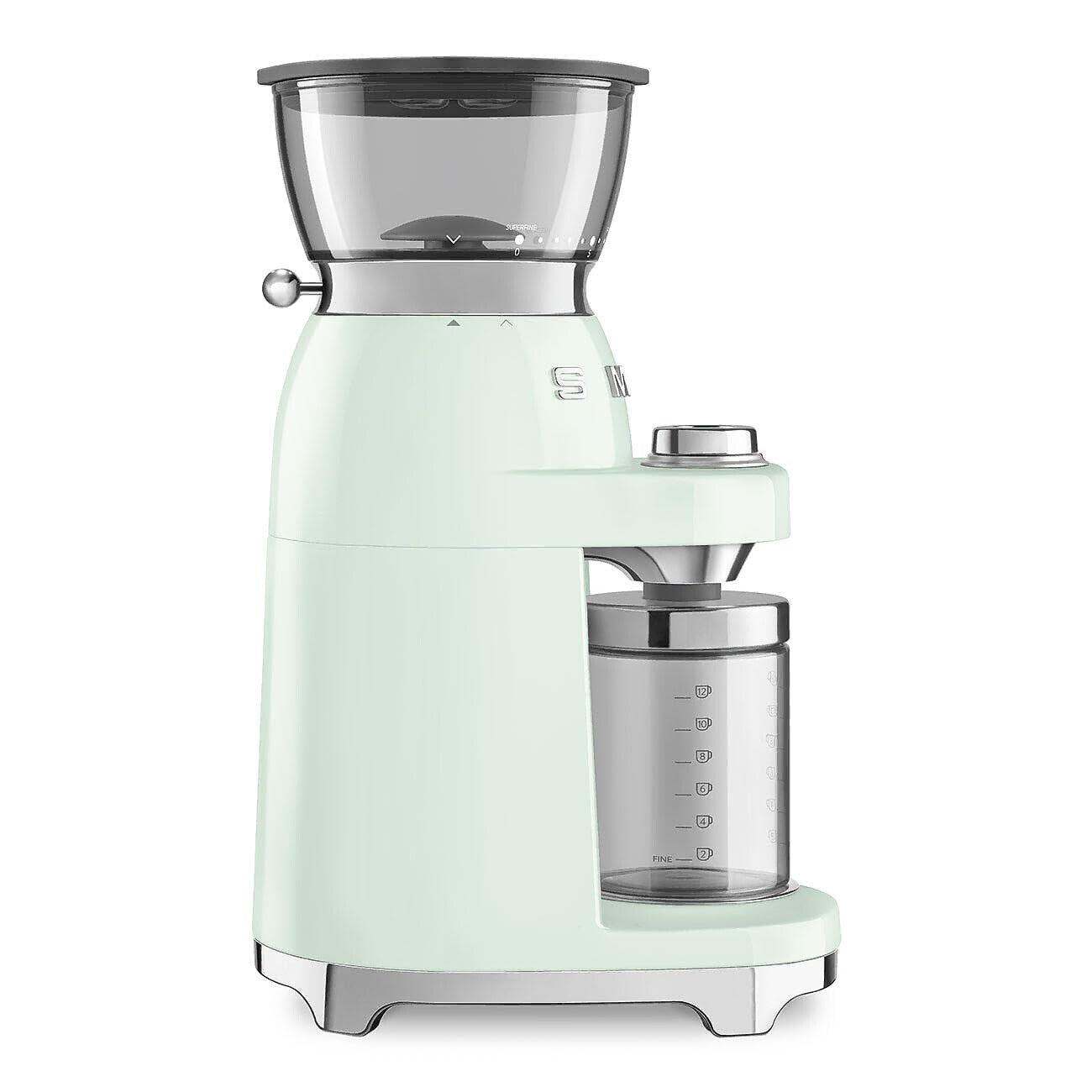 Side view of a retro-style electric coffee grinder in pale mint green with silver and black accents, featuring a clear hopper, bean hopper lid, and clear collection container on a white background.
