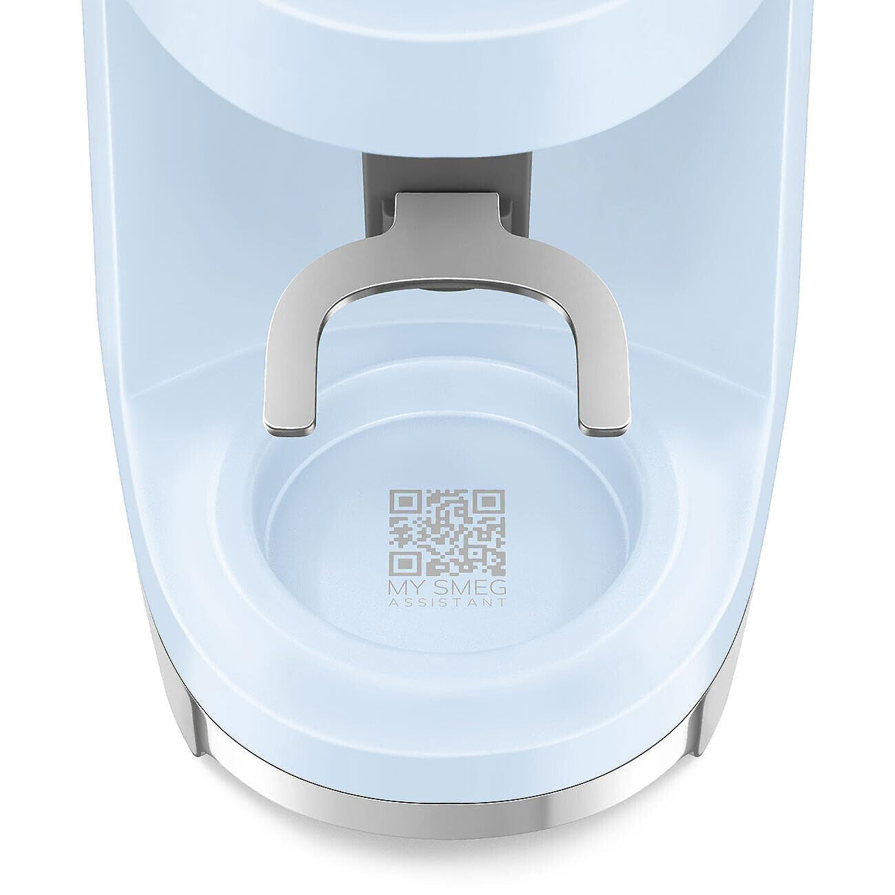 Close-up of a coffee grinder with a QR code label on a white background