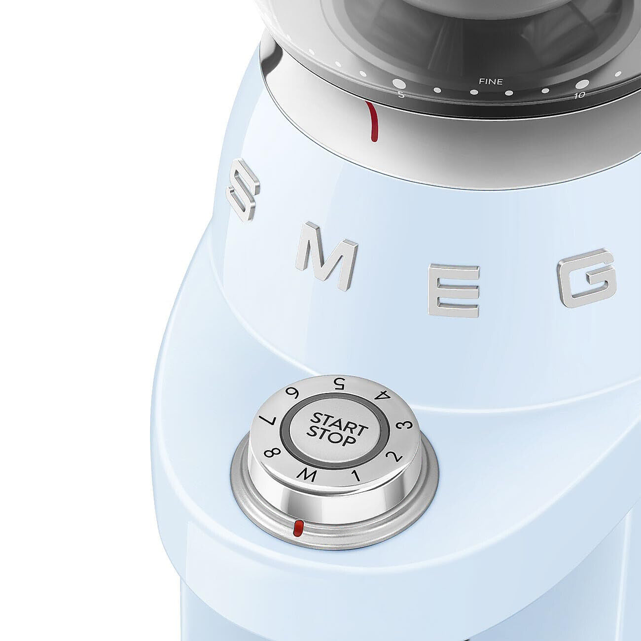 Close-up of a vintage-style coffee grinder with 'Smeg' branding with a dial on a white background