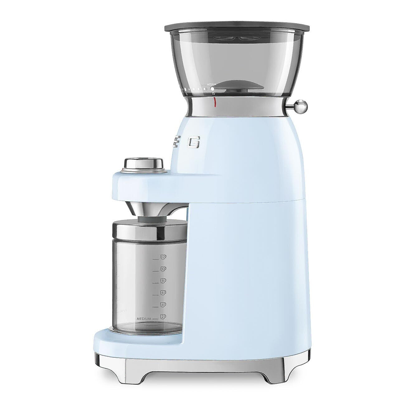 Side view of Light blue coffee maker with clear components on a white background