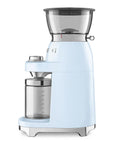 Side view of Light blue coffee maker with clear components on a white background