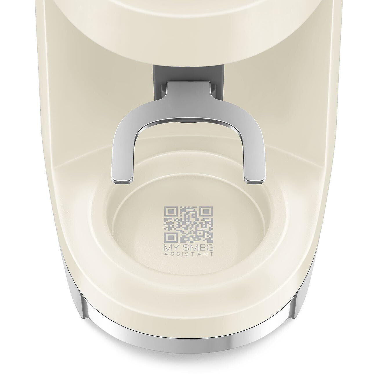 Close-up of a cream-colored My Smeg Assistant coffee grinder base, showing the metallic silver handle and the My Smeg Assistant logo printed on the inner cup.