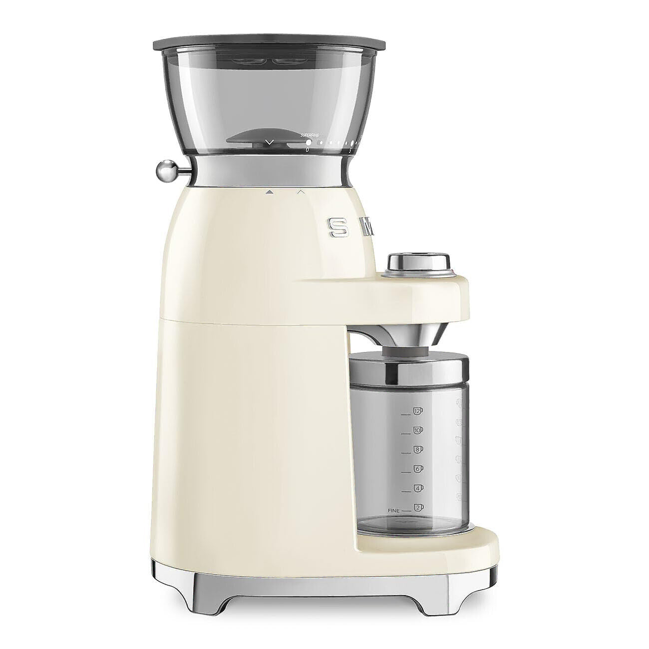 Side view of Cream-colored coffee grinder with clear container on a white background