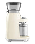 Side view of Cream-colored coffee grinder with clear container on a white background