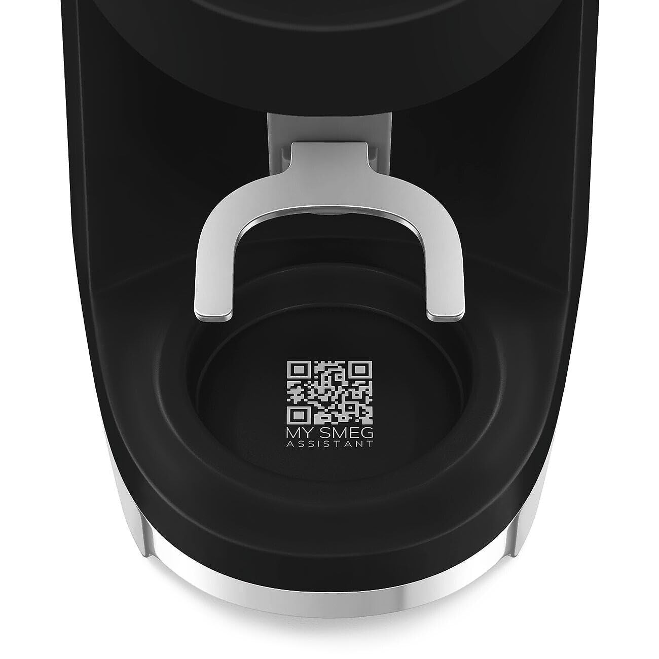 Black coffee machine with a silver handle and QR code on a white background