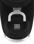 Black coffee machine with a silver handle and QR code on a white background