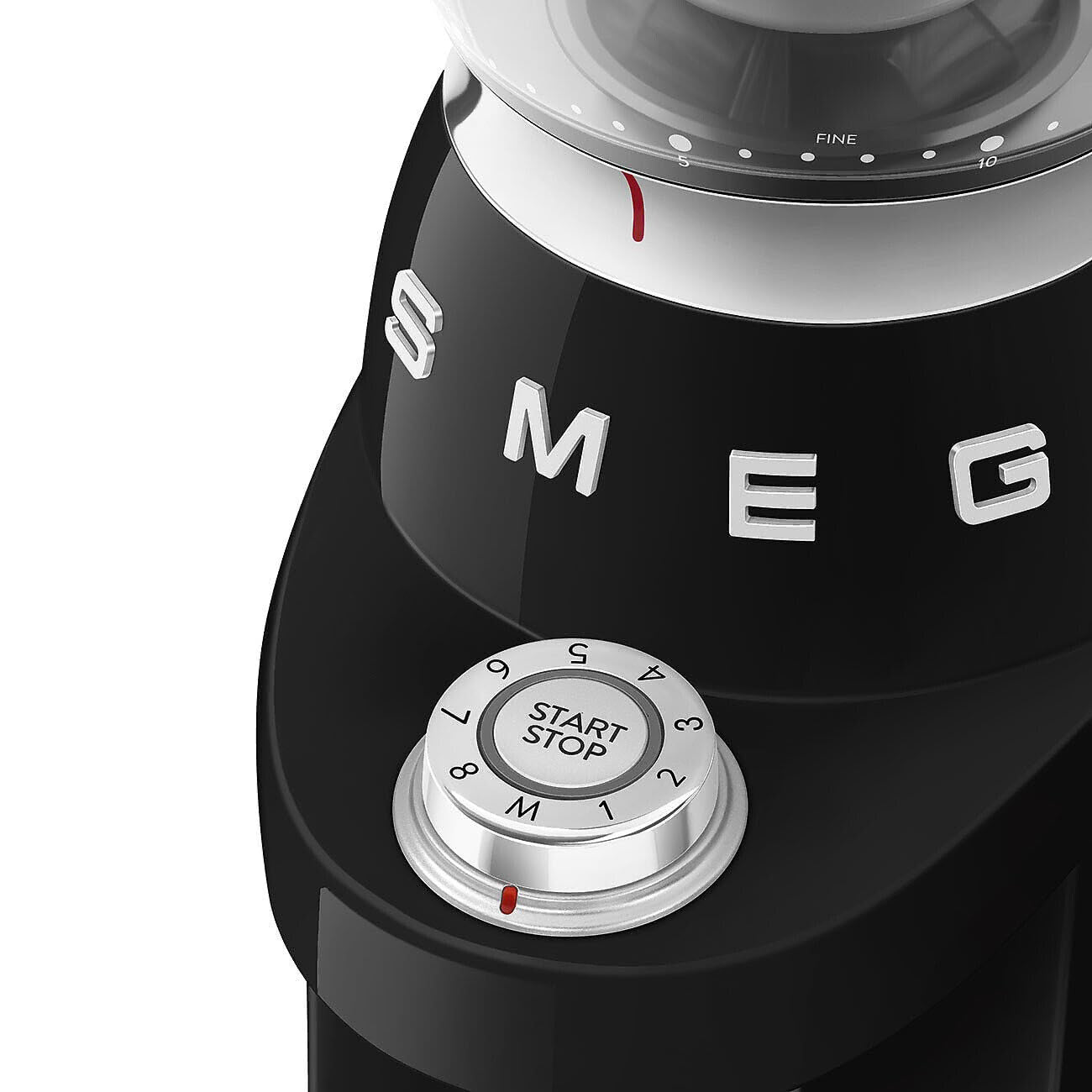 Black SMEG coffee grinder with control knob and brand logo on a white background