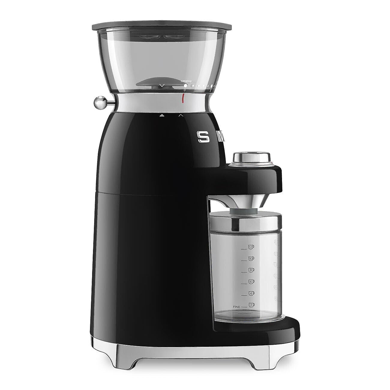 Side view of Black coffee grinder with clear container on a white background
