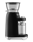 Side view of Black coffee grinder with clear container on a white background