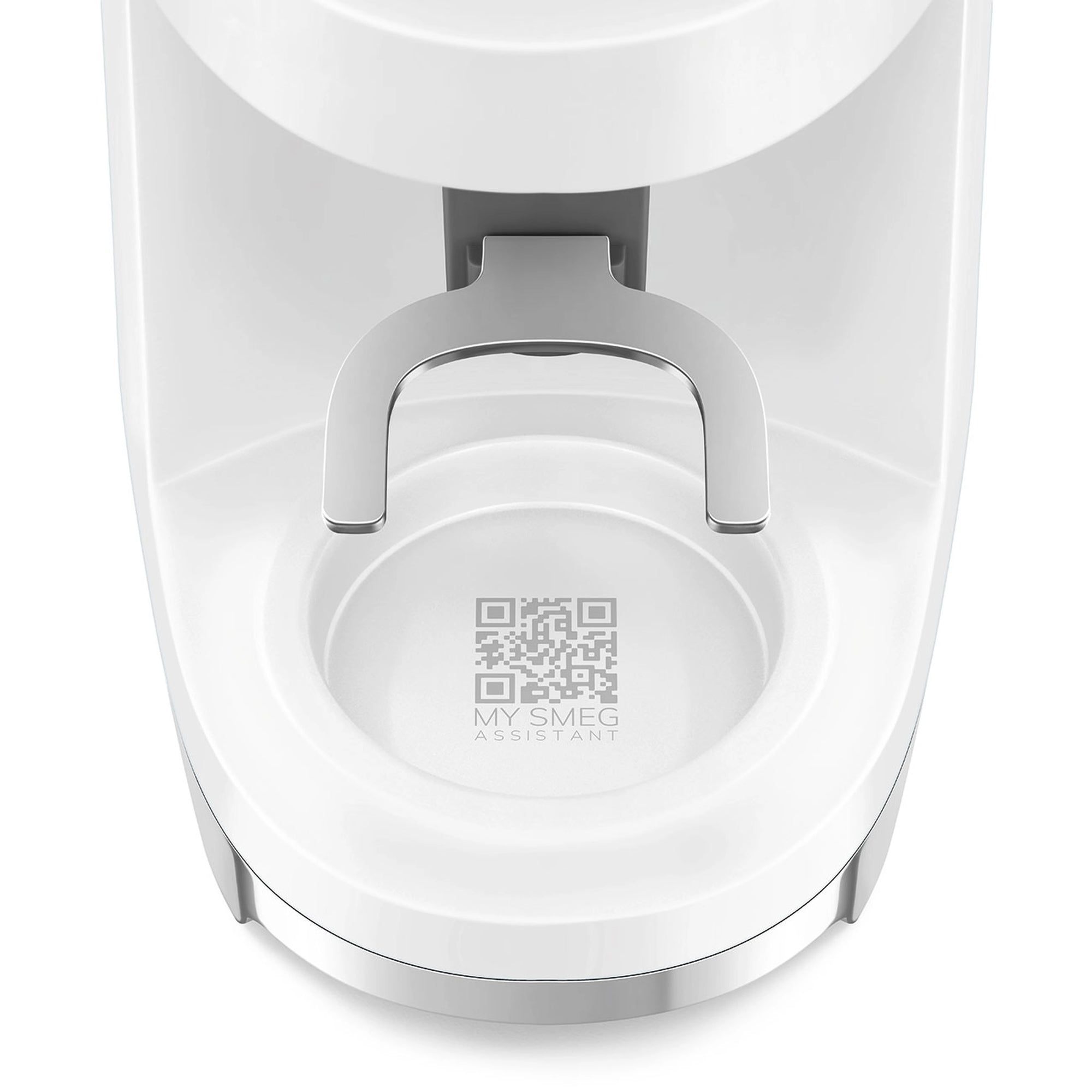 Close-up of a white coffee grinder with a QR code and 'MY SMEG' text on a white background