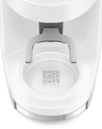 Close-up of a white coffee grinder with a QR code and 'MY SMEG' text on a white background