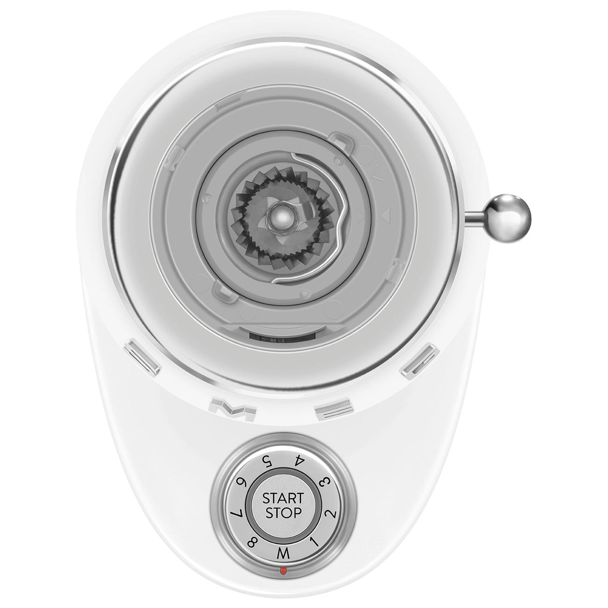 Top view of White coffee grinder with control panel on a white background