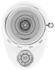 Top view of White coffee grinder with control panel on a white background