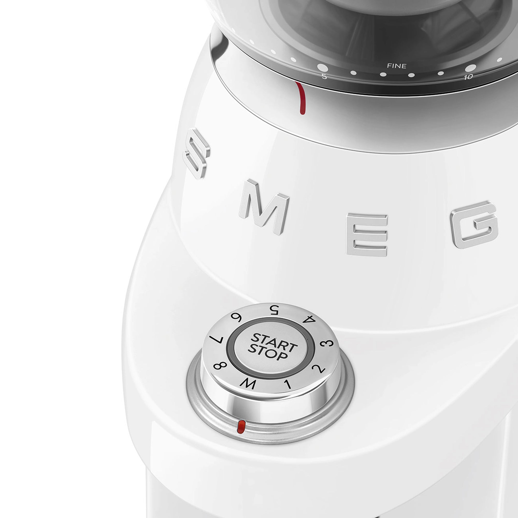 White coffee grinder with control knob and 'Smeg' branding on a white background