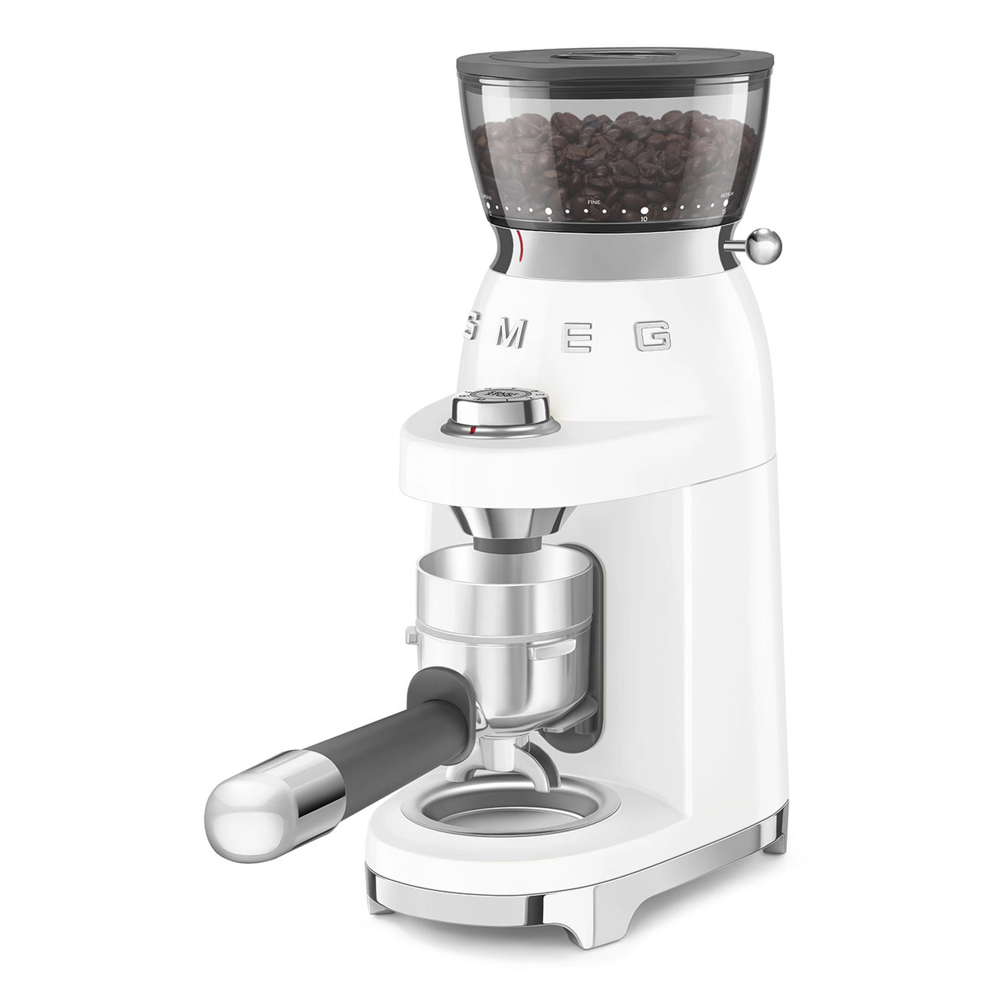 White coffee grinder with coffee bean filled hopper on a white background