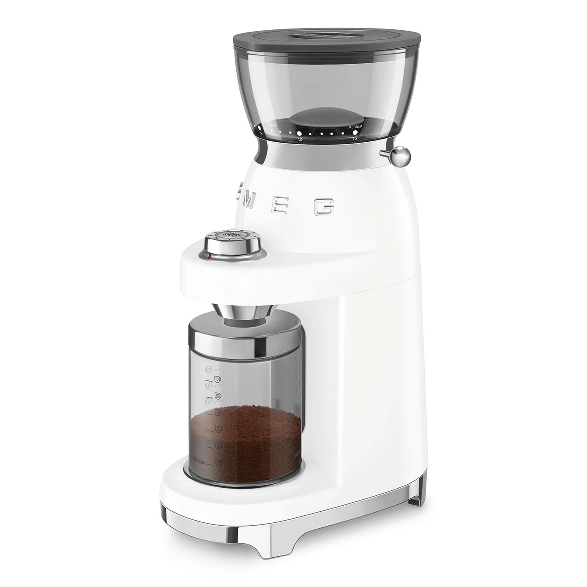 White coffee grinder with coffee grinds inside container on a white background