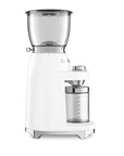 side view of white Smeg 50s retro line coffee grinder displayed on a white background
