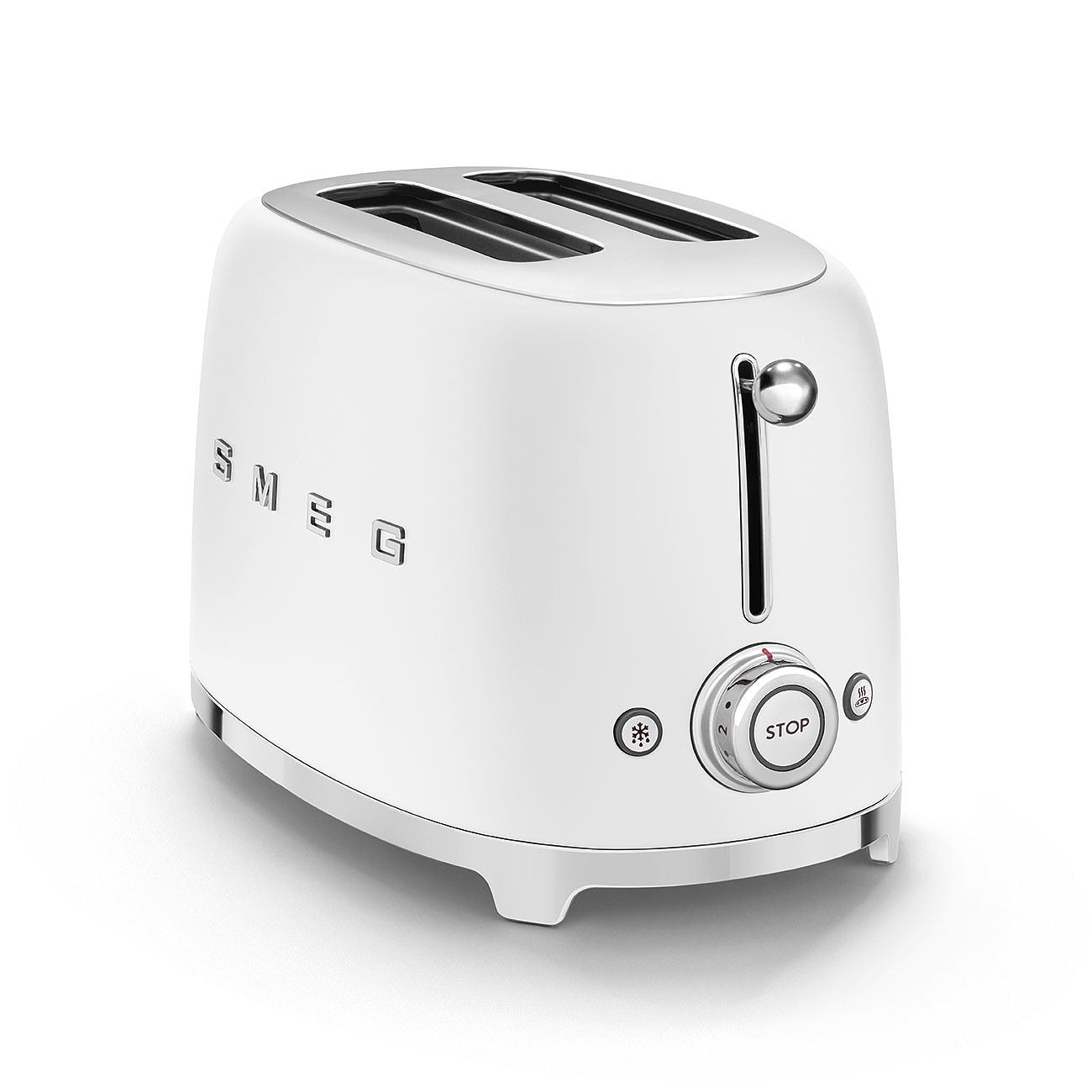 White toaster with SMEG logo with a visualize of the dial and buttons displayed on a white background