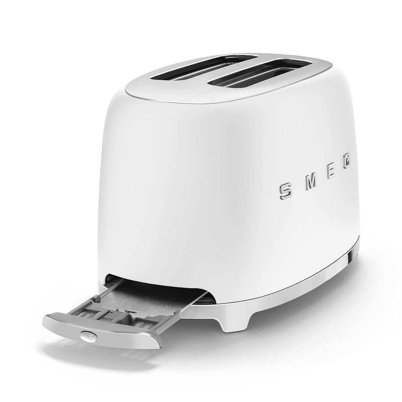 White toaster with SMEG logo with drawer open on a white background