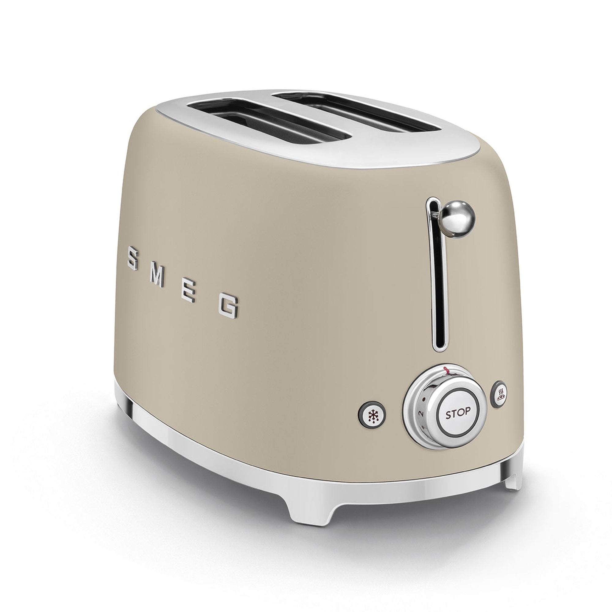 Matte beige toaster with 'Smeg' branding on a white background