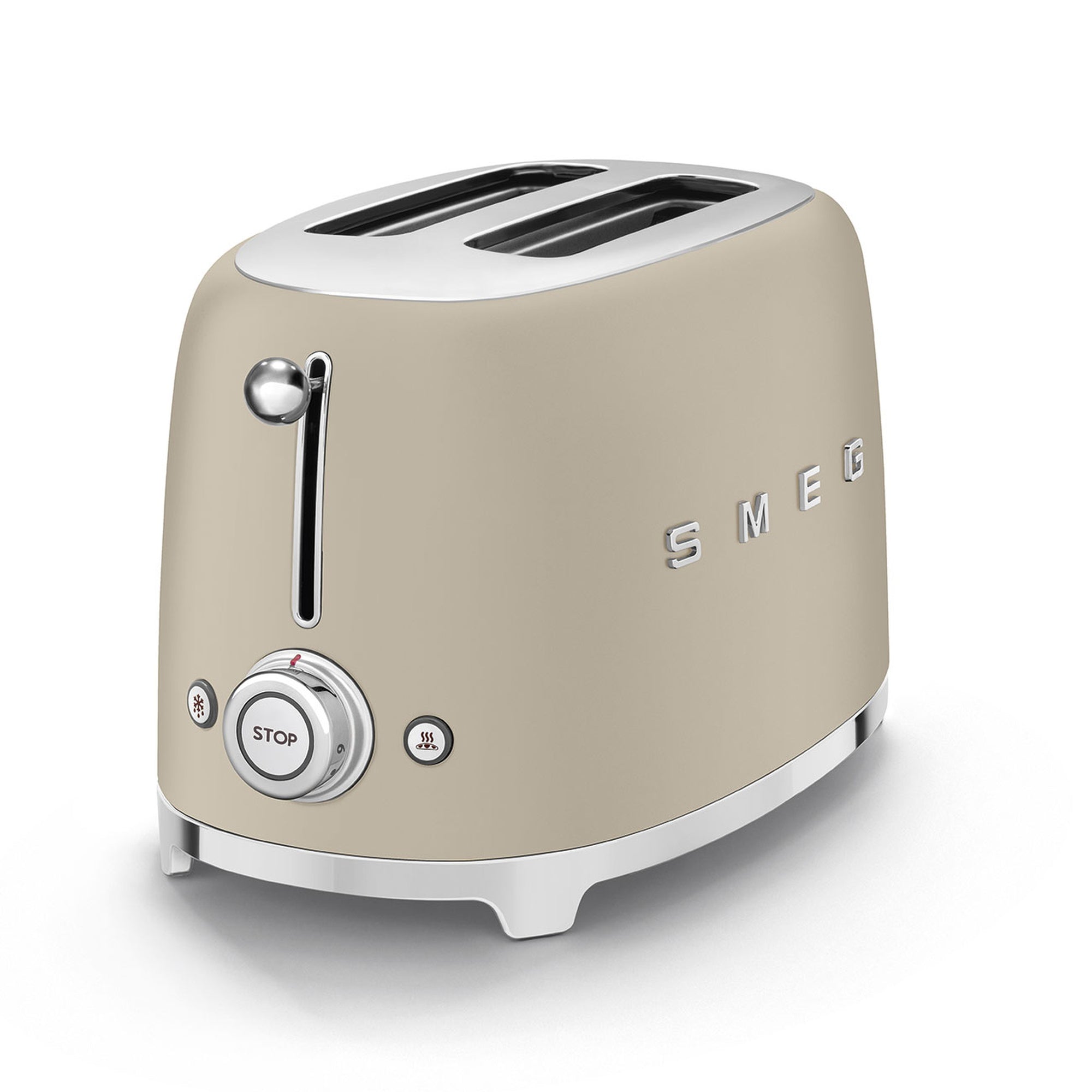 Matte beige toaster with 'Smeg' branding on a white background