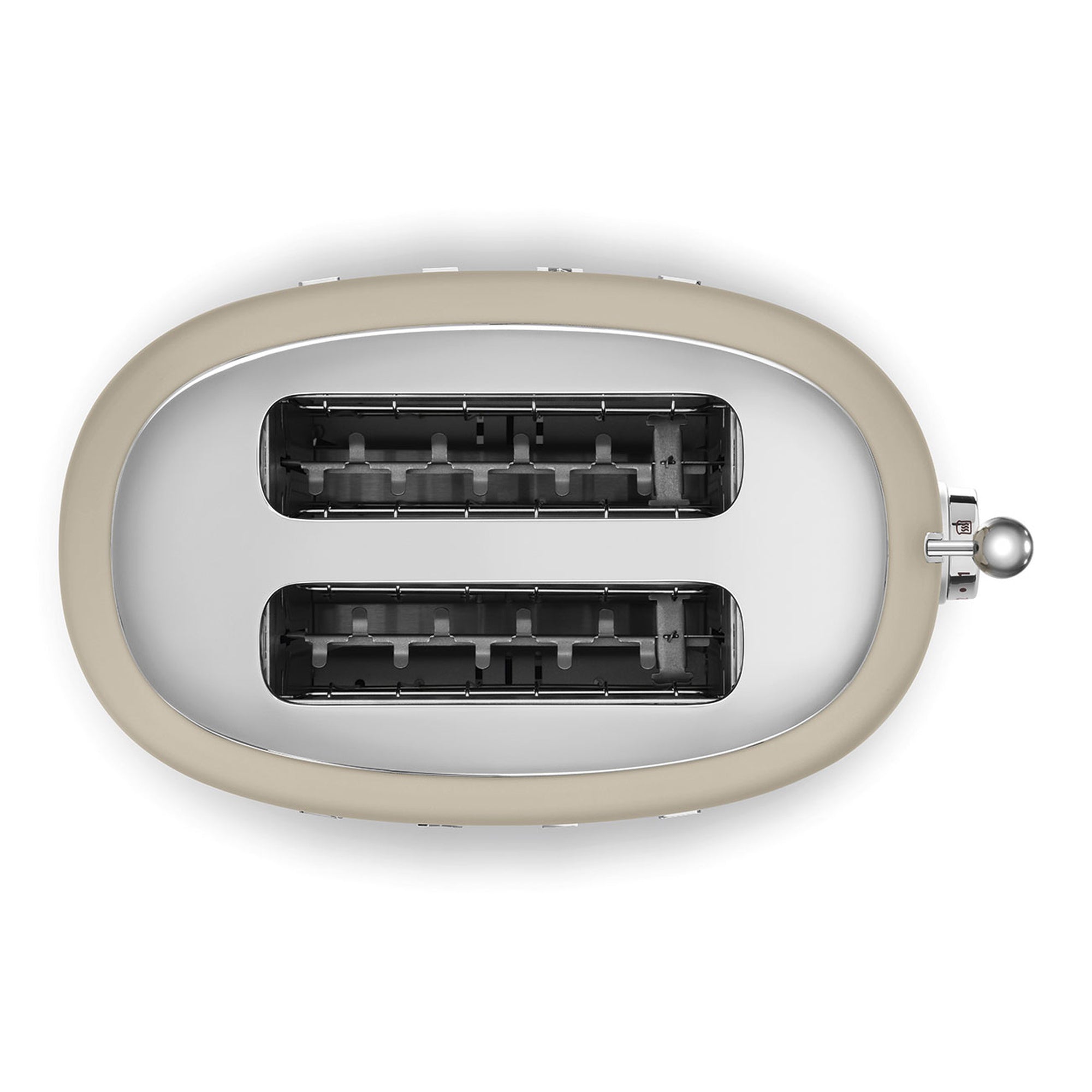 Top view of matte beige toaster with 'Smeg' branding on a white background