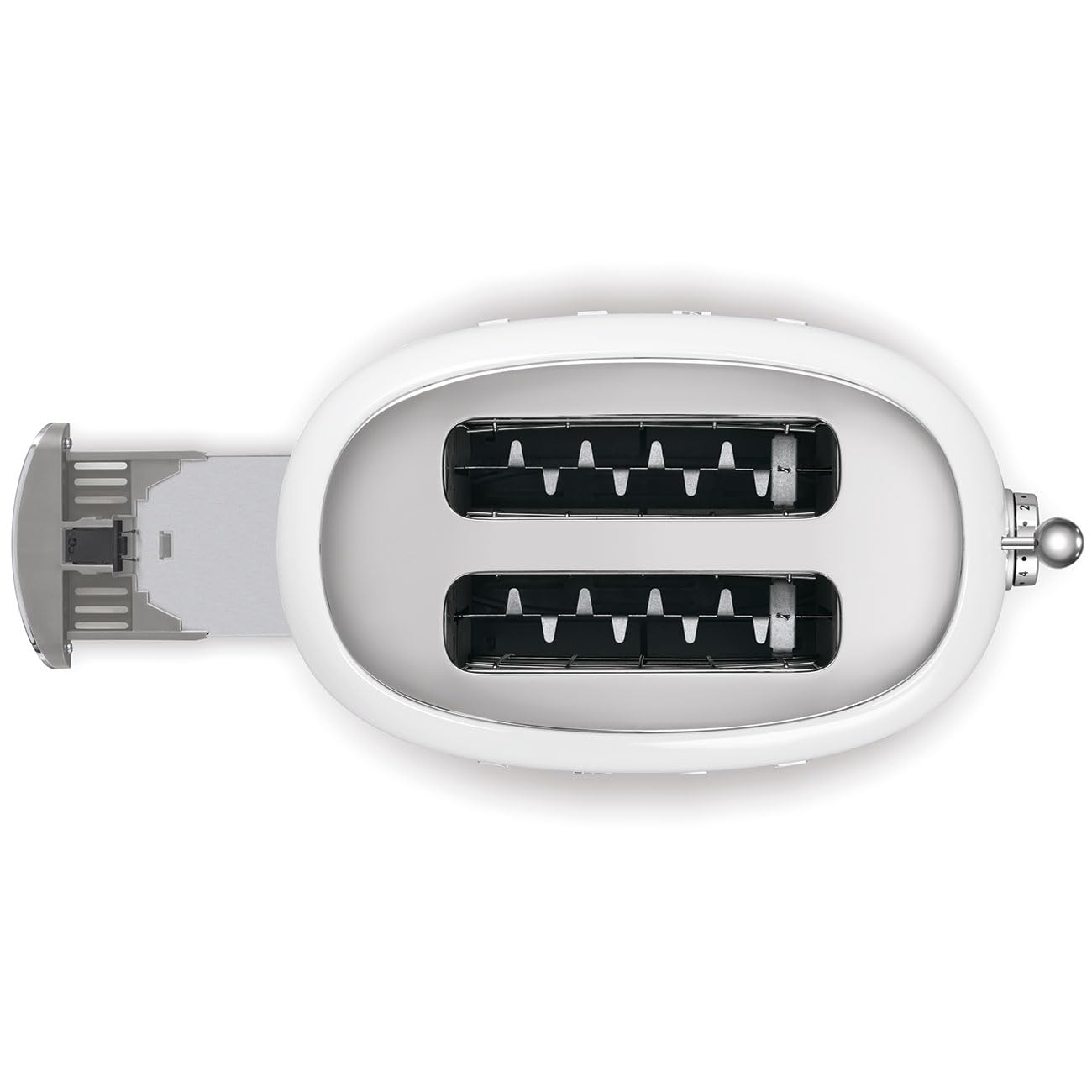 Top view of white Smeg toaster with draw open displayed on a white background