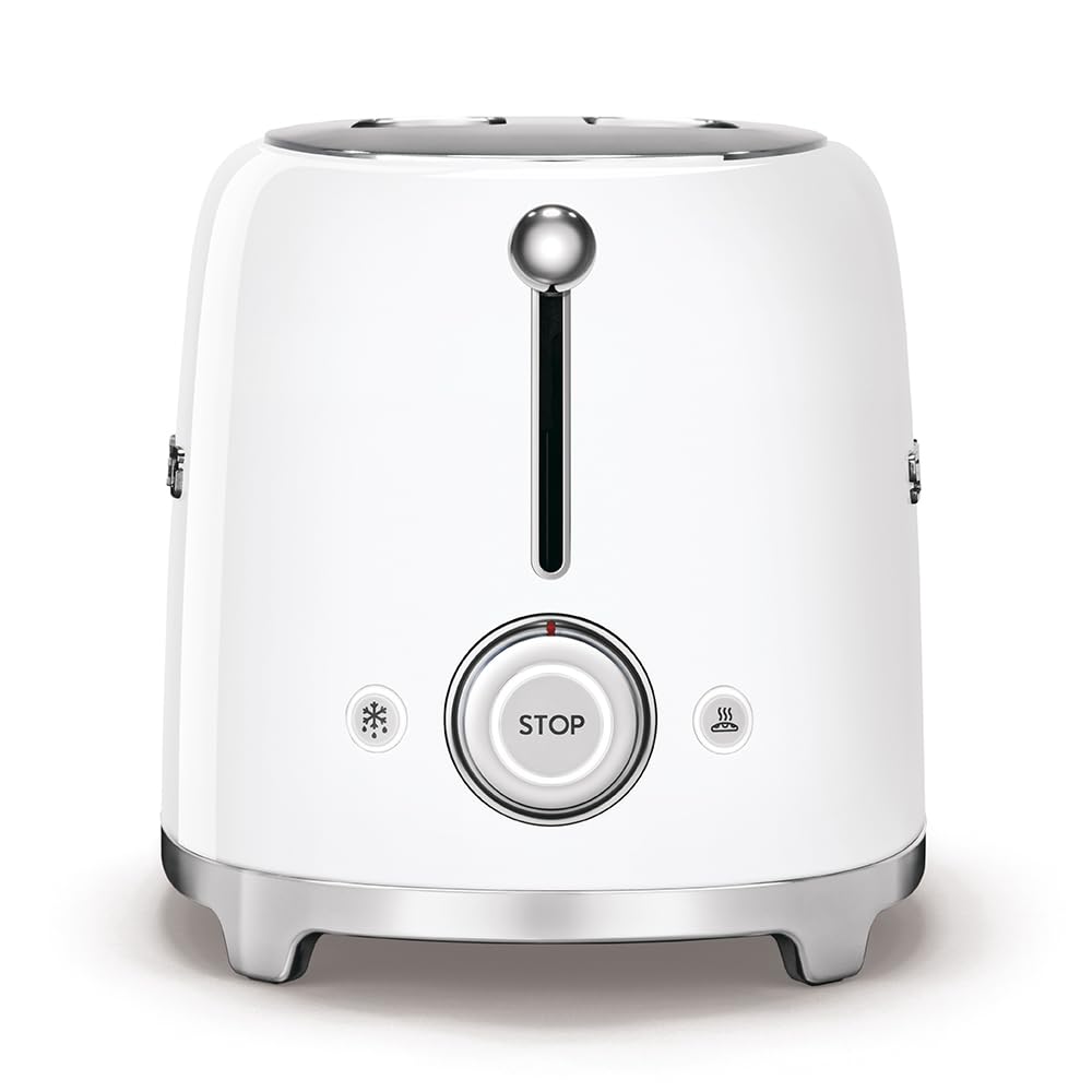 Side view of White toaster with a central control knob on a white background