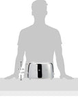 Stainless steel Smeg toaster with size measurement against a silhouette of a person