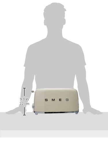 Cream-colored toaster with Smeg logo shown next to a silhouette of a person for scale on a white background.