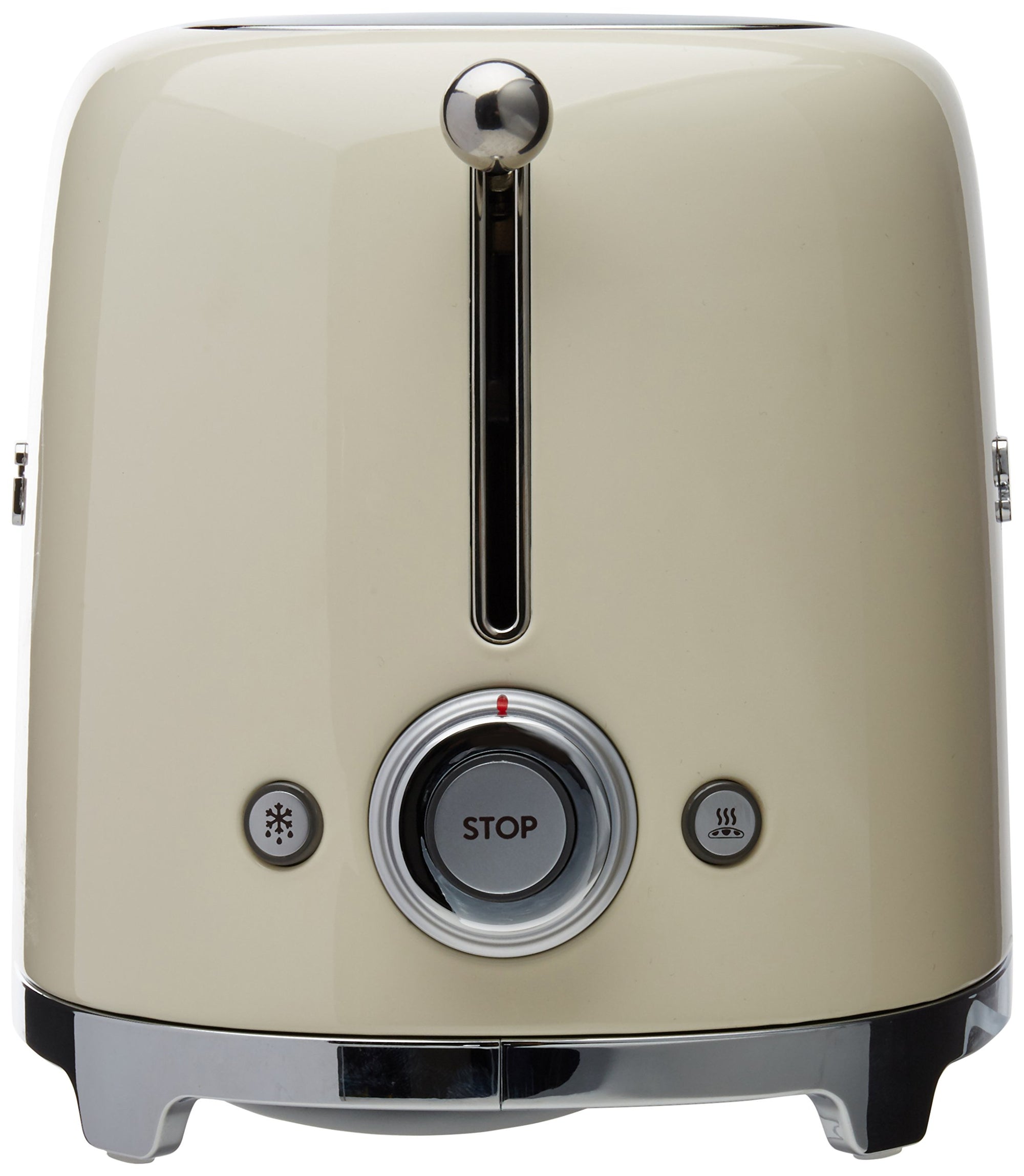 Side view of Smeg cream toaster with metallic accents and control dial on a white background