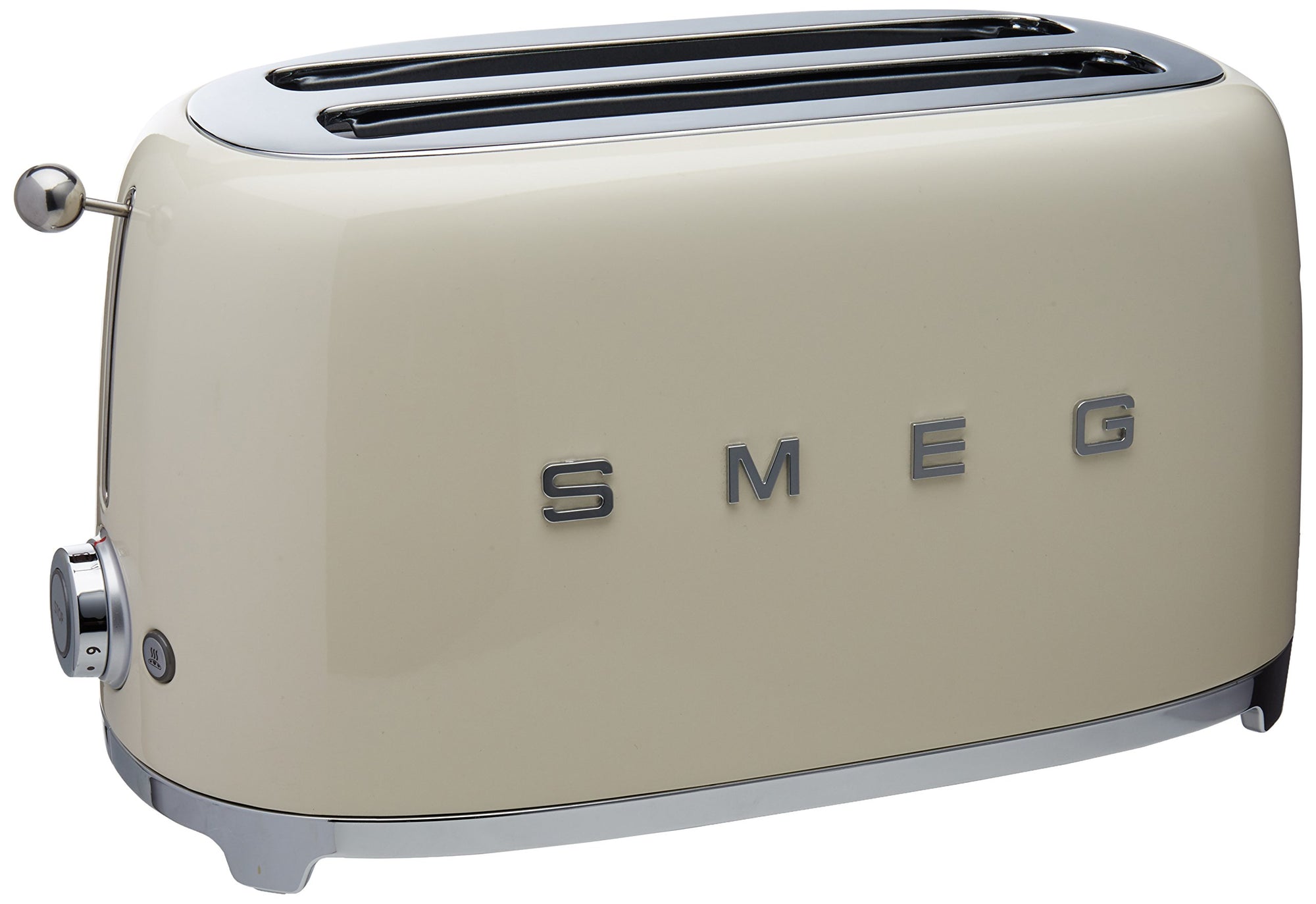 Front view of cream toaster with 'Smeg' branding on a white background