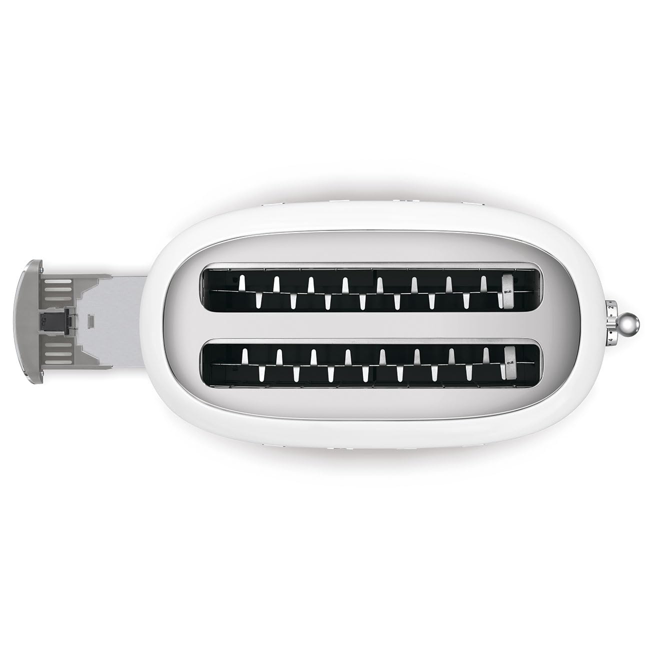 Top view of white Smeg toaster with a draw open displayed on white background