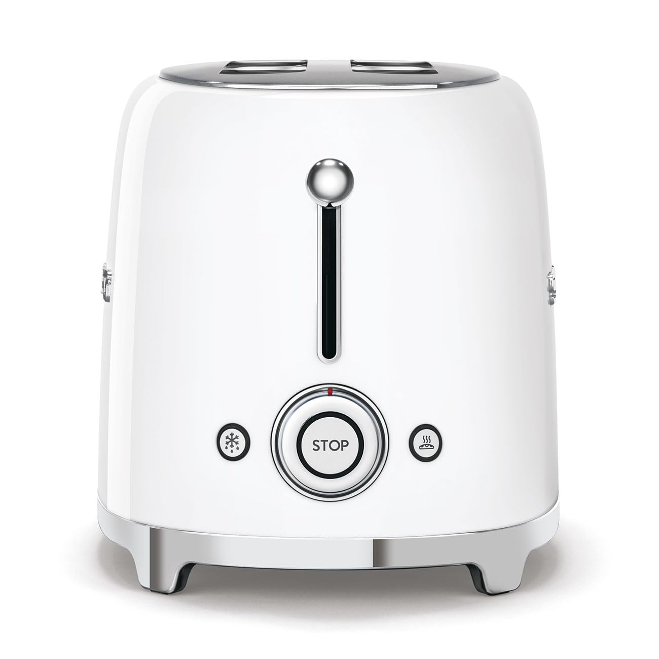 Side view of White toaster with silver accents with dial control on a white background