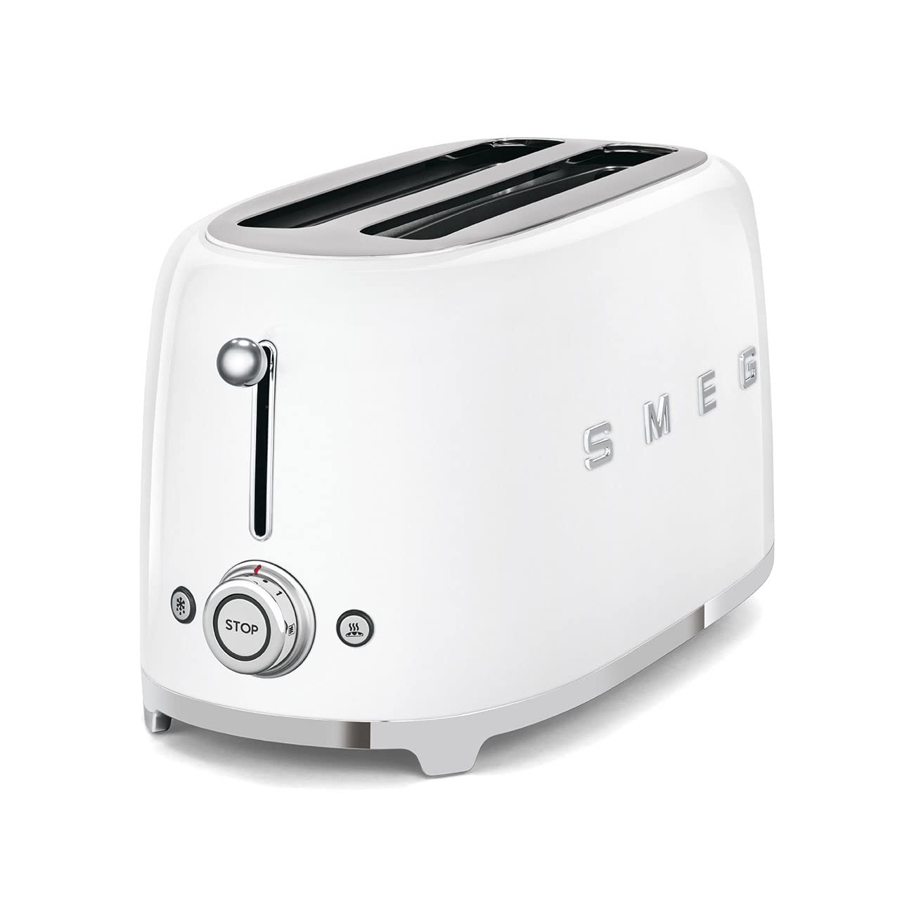 White toaster with Smeg branding on a white background