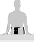 Stainless Steel Smeg toaster with a silhouette of a person for scale on a white background