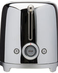 Side view of Stainless Steel toaster with 'Smeg' branding and a control dial on a white background
