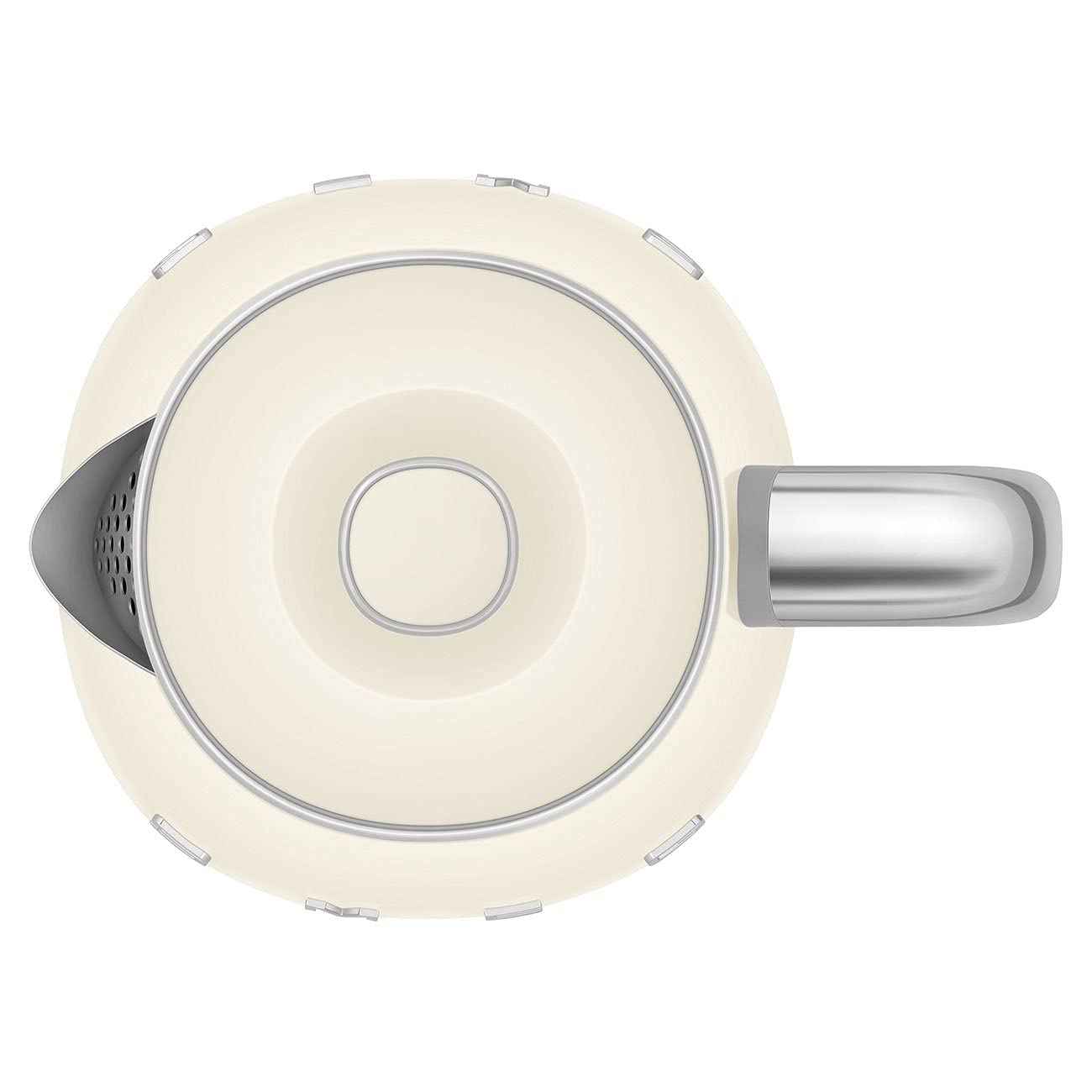 Top view of Smeg cream-colored kettle with metallic accents on a white background