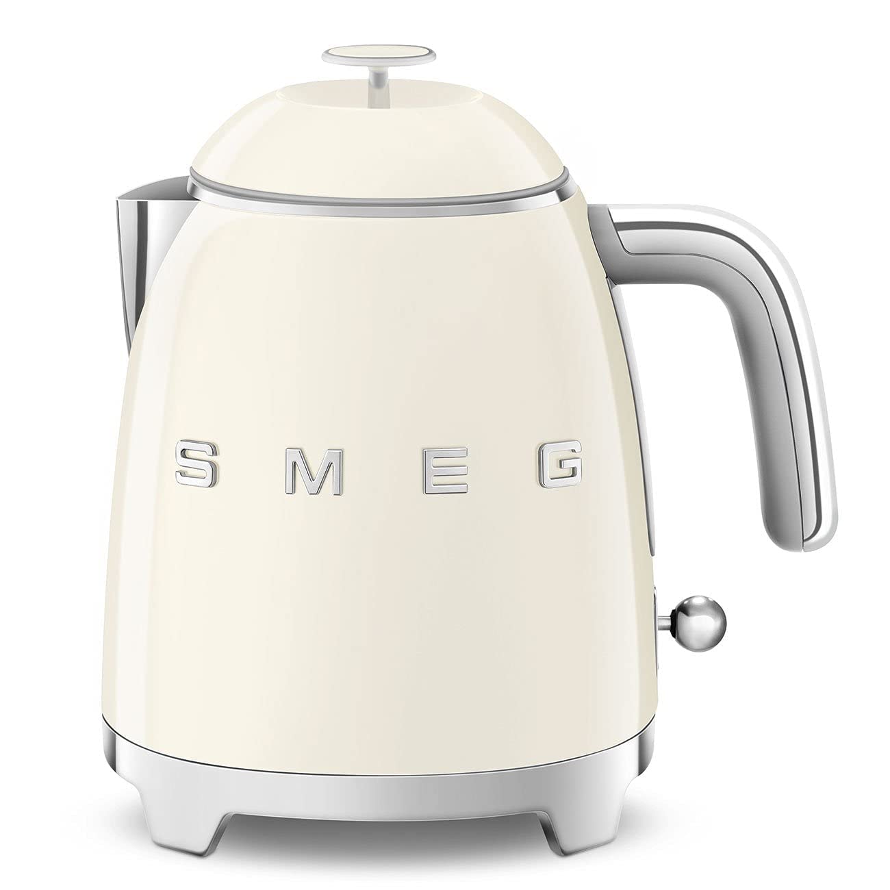 Front view of Smeg cream-colored kettle with metallic accents on a white background