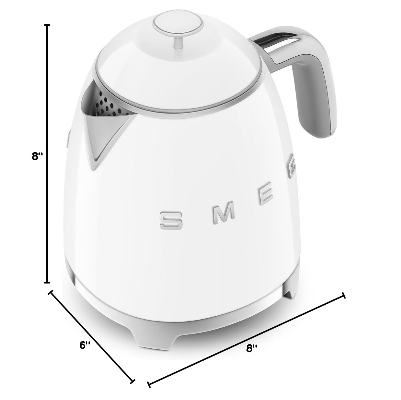 White SMEG kettle with dimensions on a white background