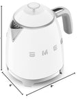 White SMEG kettle with dimensions on a white background
