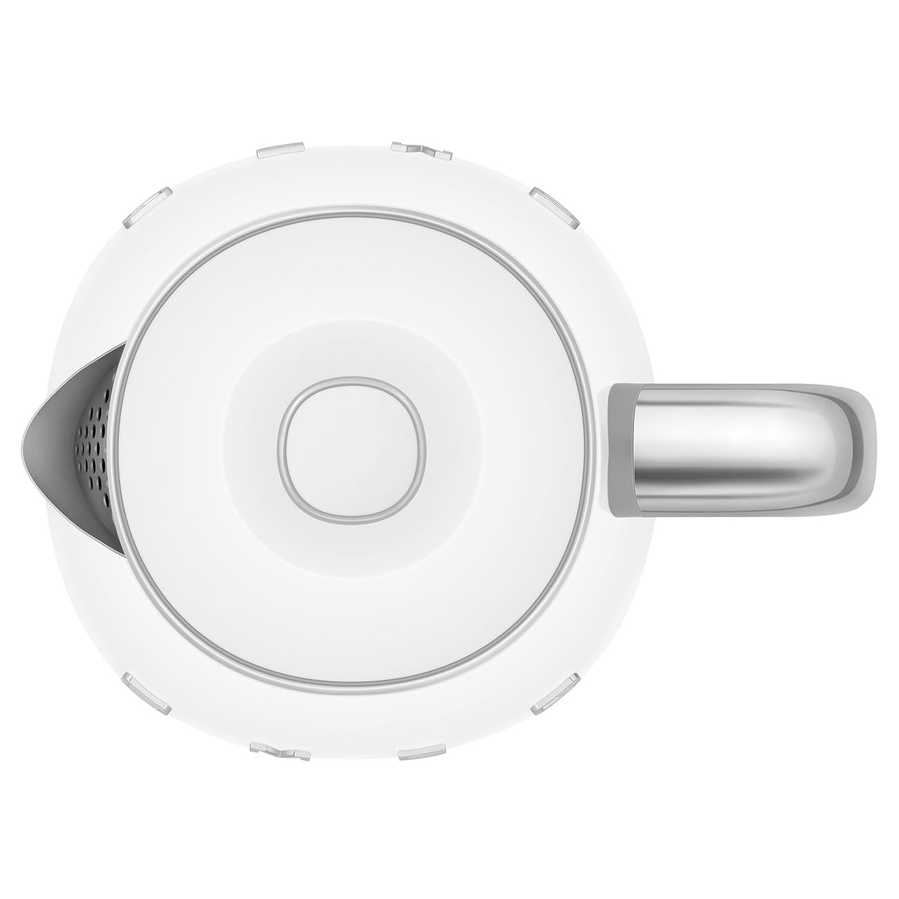 Top view of White kettle with a silver handle on a white background