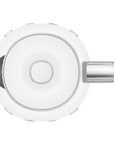 Top view of White kettle with a silver handle on a white background