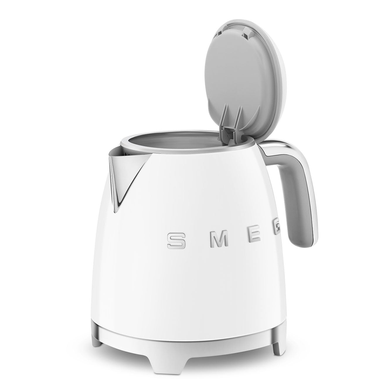 White electric kettle with open lid on a white background, featuring the Smeg logo.