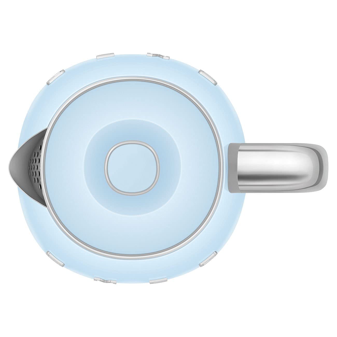 Top view of light blue Smeg electric kettle with metallic handle on a white background