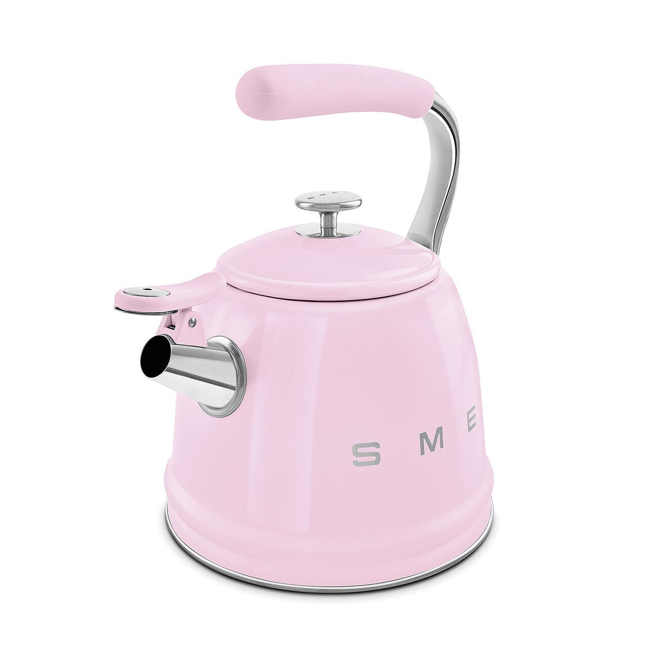 Pink SMEG kettle with a silver handle and spout on a white background