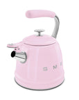 Pink SMEG kettle with a silver handle and spout on a white background